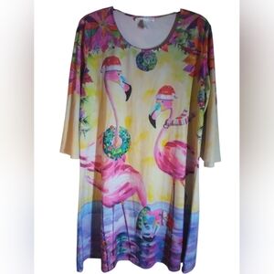 Vtg Ellen Negley Colorful Flamingo Print Dress Size Pl Artsy Long Sleeve